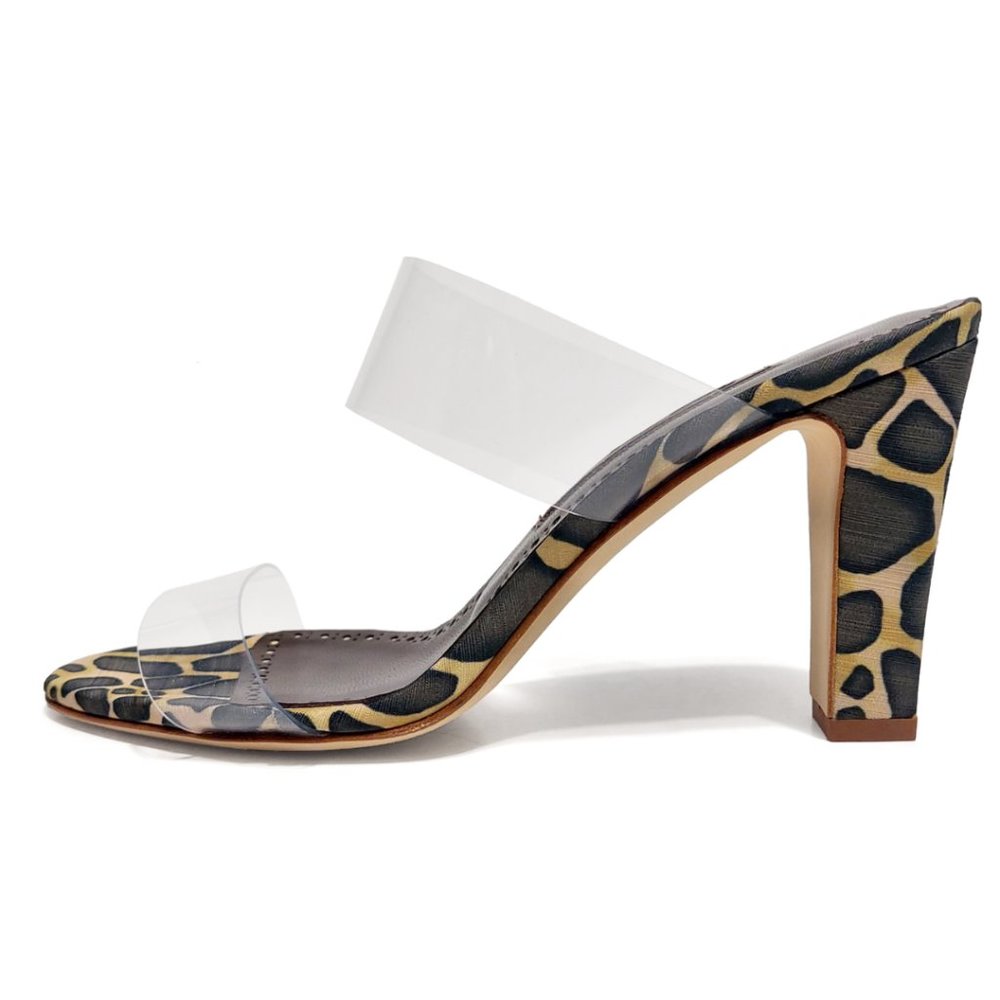 NWT Manolo Blahnik Scolto Slip-on Mules Sz 38.5 Clear ECO PVC Leopard